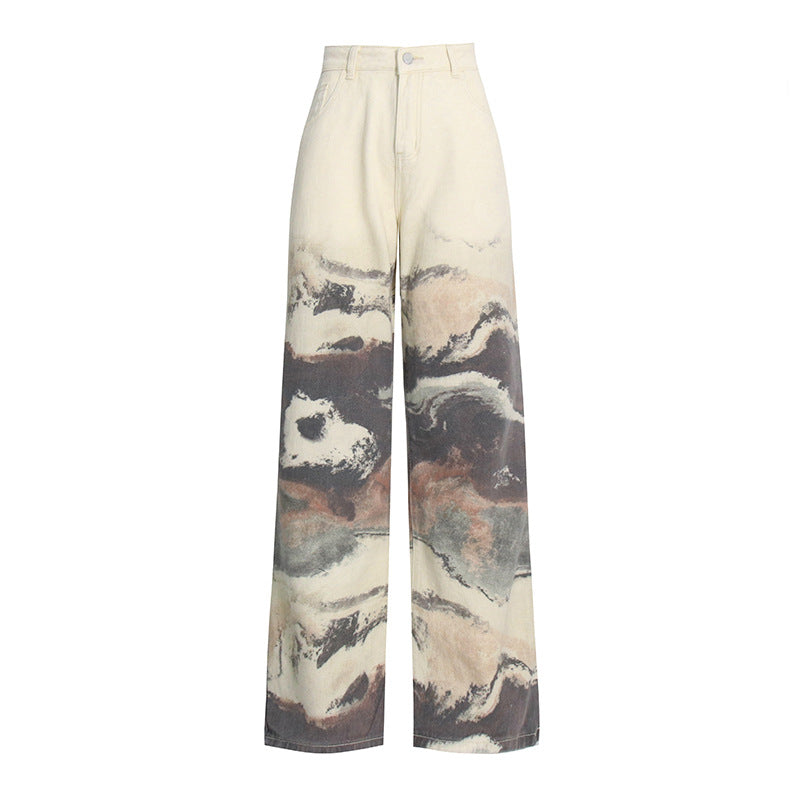 Pantalon patchwork à contraste de couleurs et peinture à l'encre fleurie, taille haute, coupe droite, décontracté, jeans assortis