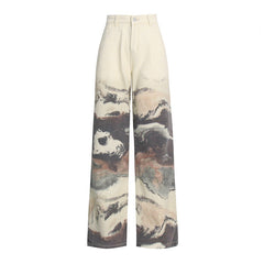 Pantalon patchwork à contraste de couleurs et peinture à l'encre fleurie, taille haute, coupe droite, décontracté, jeans assortis