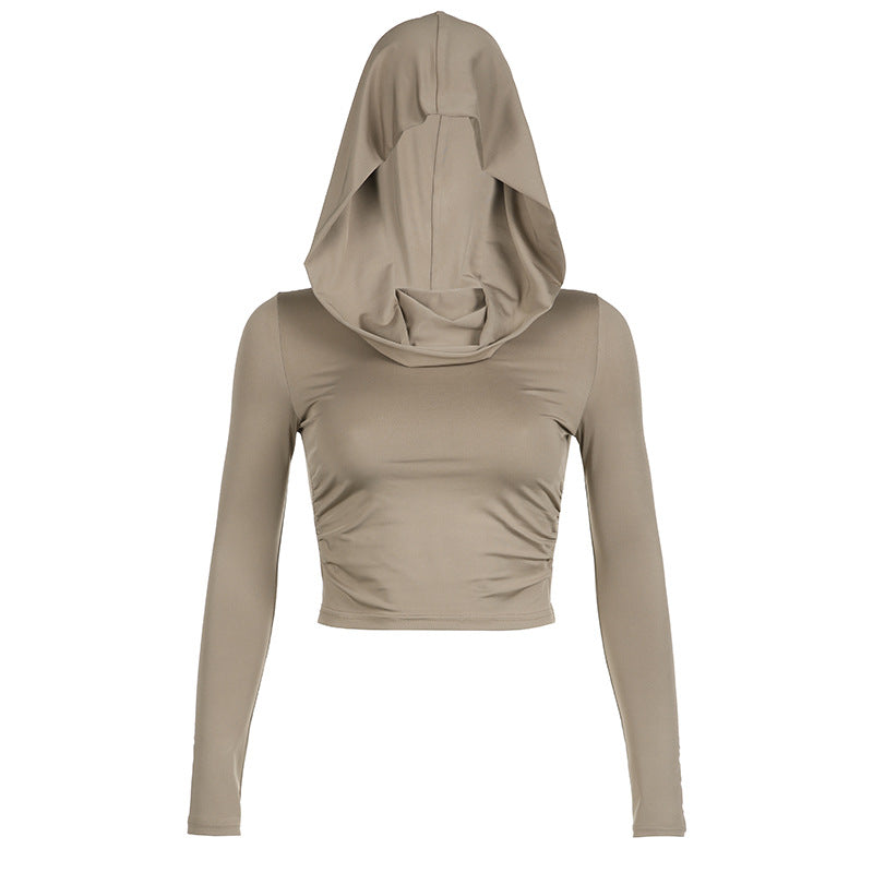 Wear Dune Hooded Top Casual Solid Color Long Sleeve Pleated Cropped T shirt