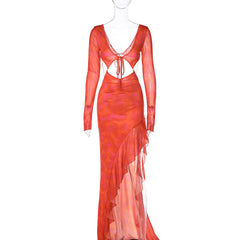 Solid Color Tied Hollow Out Cutout Backless Split V neck Long Sleeved Dress