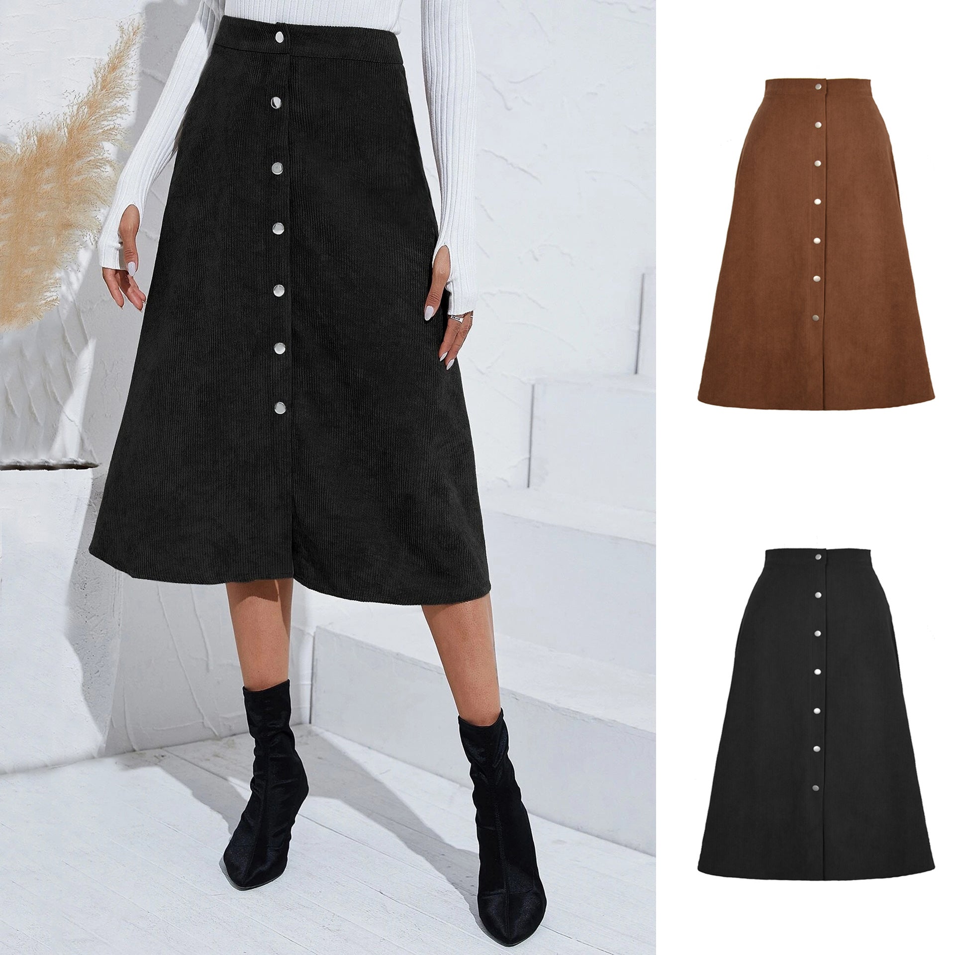 Boutique Corduroy Skirt Single Breasted High Waist Maxi Skirt