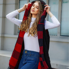 Fall Loose Hooded Buckle Cardigan Plaid Plush Vest Coat