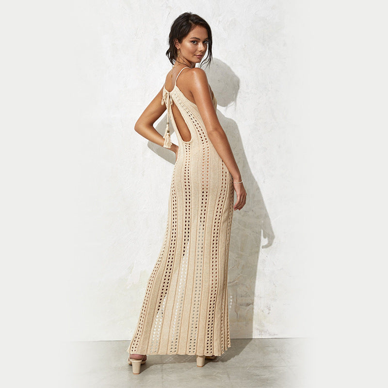 Straps-Strandkleid, einfarbig, ärmellos, gestrickt, ausgehöhlt, Cut-Out, Badeanzug, Urlaub, Strandkleid