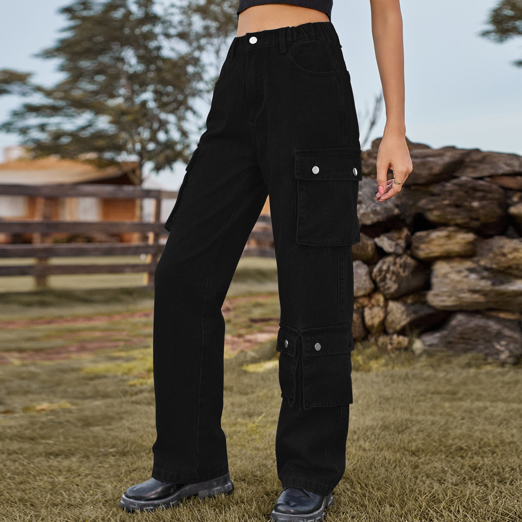 Denim Washed Multi Pocket Overalls Trousers Casual Pants