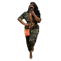 Cardigan Waist Camouflage Denim Jumpsuit
