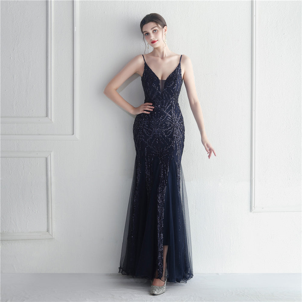 Mesh Beads Sequined Dress Long Evening Dress Star Event Exhibition Stage