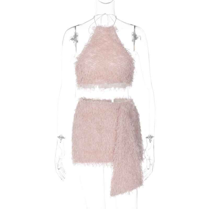 Wear Pink Backless Wrap Chest Hip Stitching Ribbon Socialite Plush Set