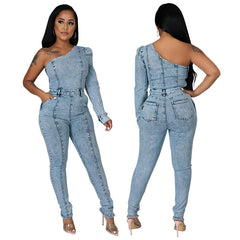 Single Sleeve Off The Shoulder Denim Jumpsuit