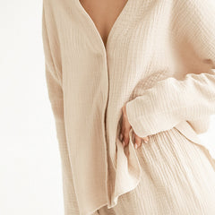 Double Layer Crepe V-neck French Loose Comfortable Long Sleeve Pajamas Cotton Linen Homewear Set