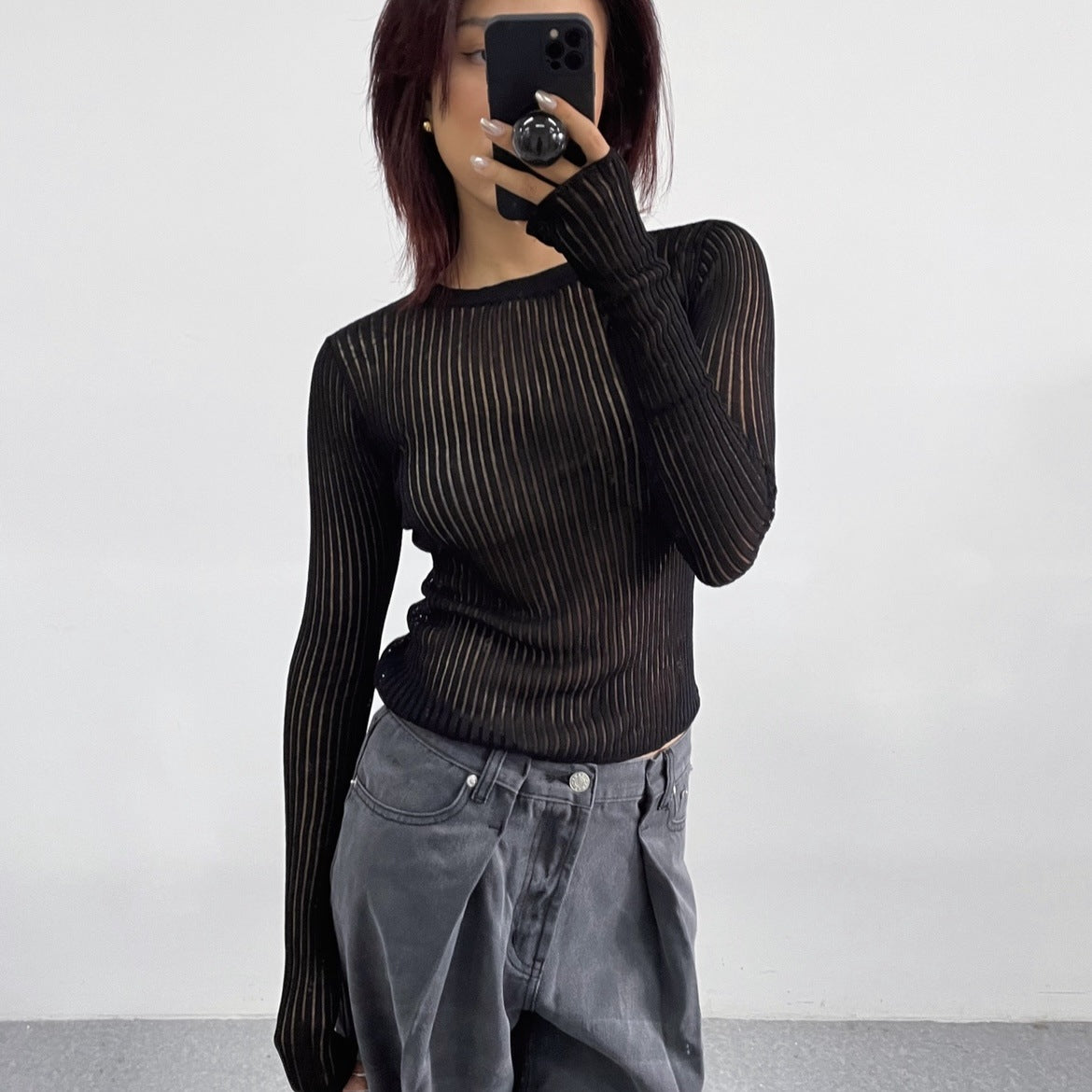 Long Sleeve round Neck Thin Breathable Knitted Wool Top