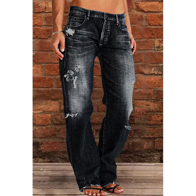 Denim Trousers Mid Waist Straight Leg Pants