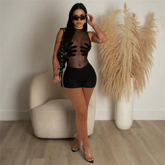 Mesh Perspective Stitching High Waist Sleeveless Tight Romper