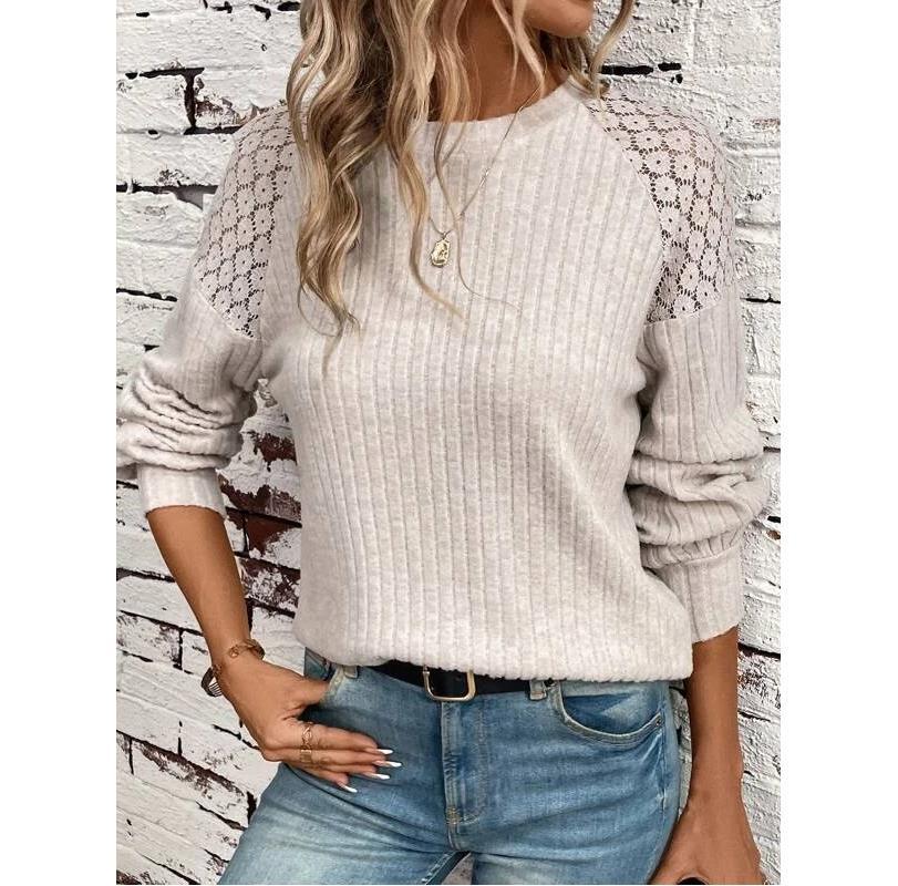 Comfort Casual Lace Stitching Solid Color Pullover Long Sleeve Top T Shirt