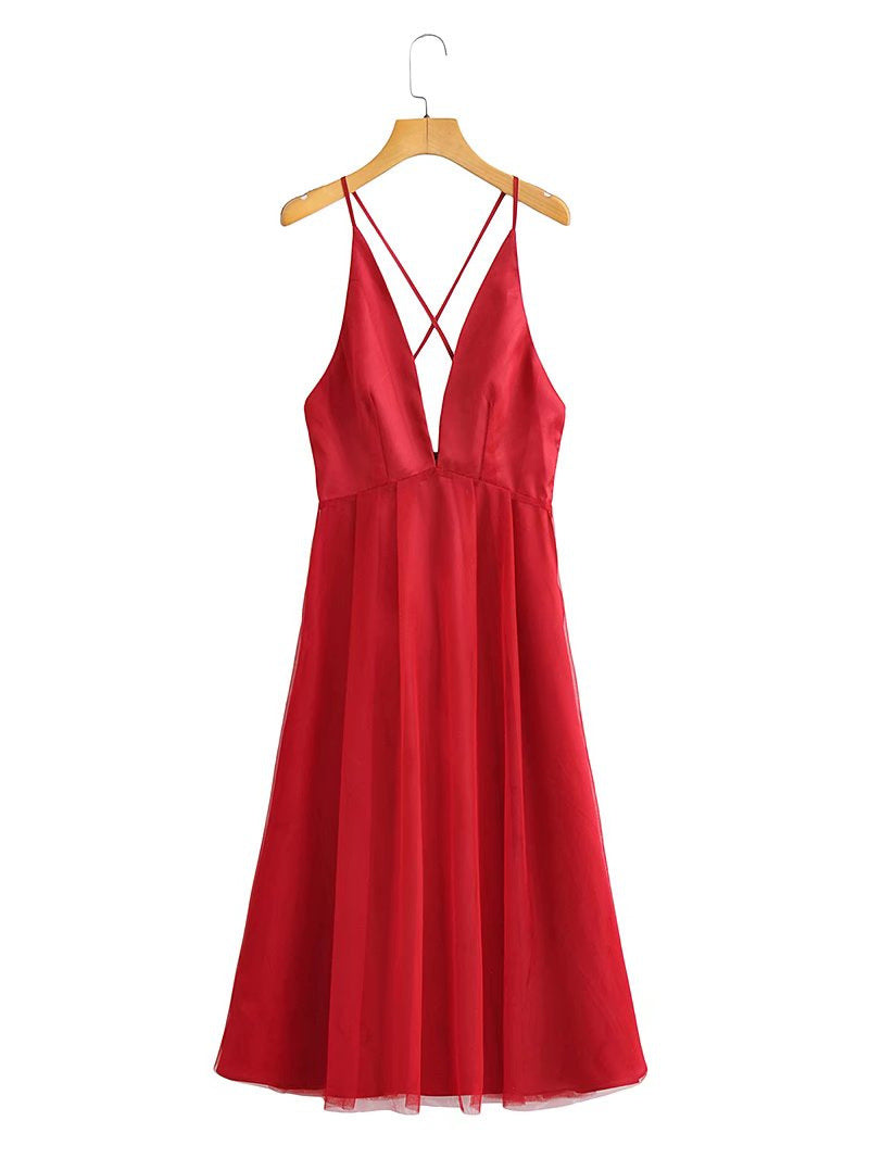 French Deep V-neck Backless Gauzy High Waist Maxi Dress Female
