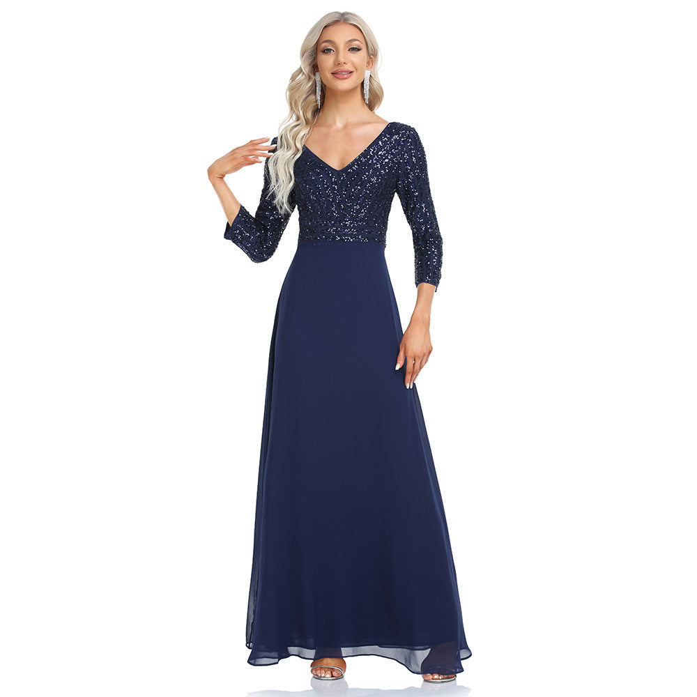 Chiffon Bridesmaid Dress Double V neck Dress A line Large Hem Sequin Stitching Evening Dress