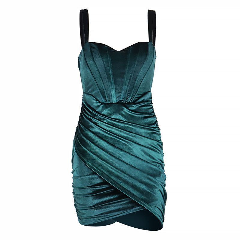Robe à bretelles plissée en velours