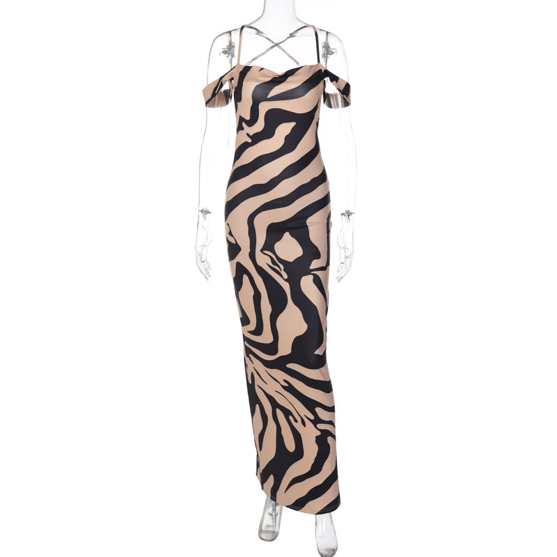 Bedrucktes Slim Fit Maxikleid mit abfallendem Halsausschnitt und rückenfreiem Camisole-Kleid