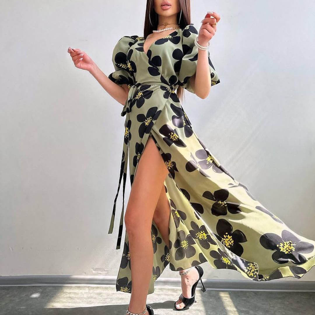 Lantern Sleeve V neck Dress Slim Fit Large Swing Elastic Printing Maxi Dress