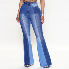 Jean extensible taille haute, pantalon patchwork bicolore