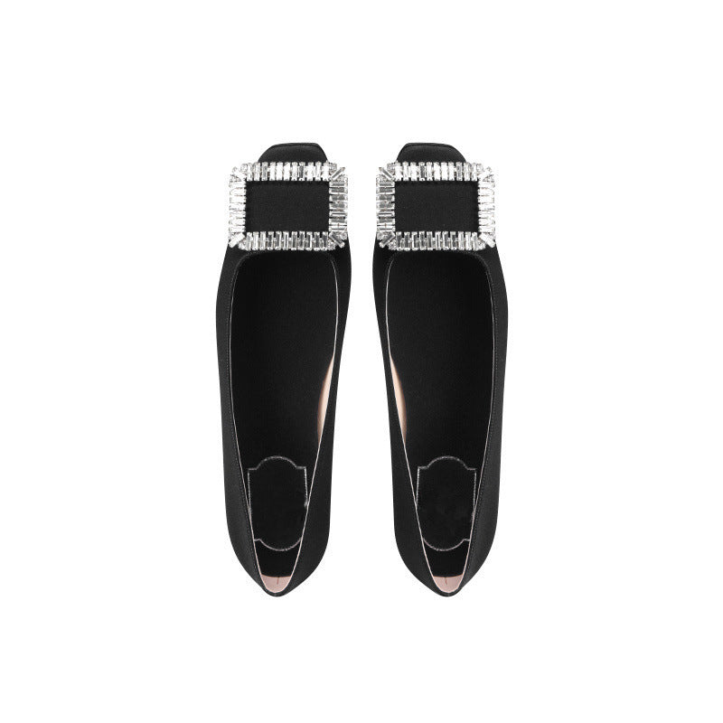 Women's Mom Square Toe Rhinestone Low-cut Buckle Silk
