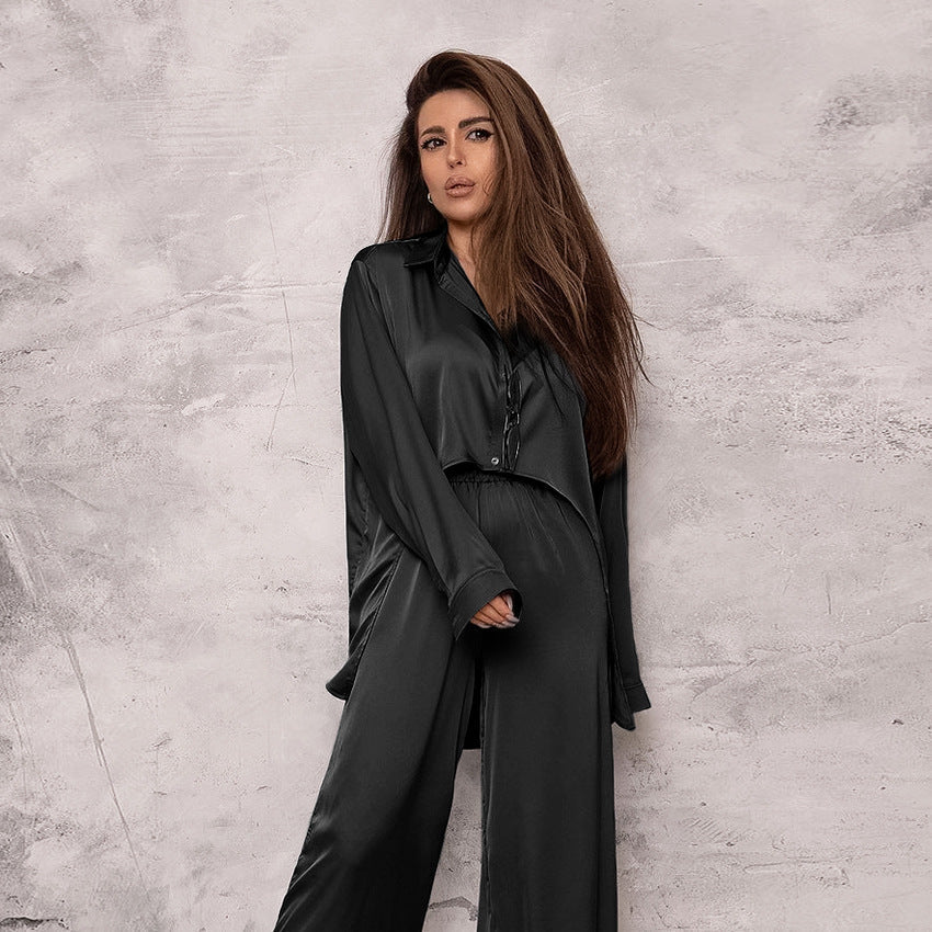 Solid Color Pajamas Outfit Top Trousers Loose Casual Simple Outerwear
