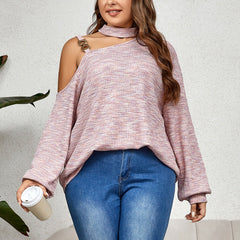 Plus Size Schrägkragen Sling Einfarbiges, lockeres Strickoberteil