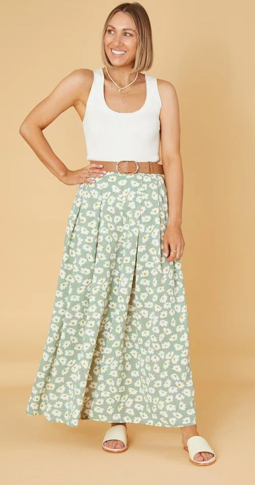 Office Green No Belt Loose Little Daisy Cotton Trousers Mid Waist Wide Leg Pants