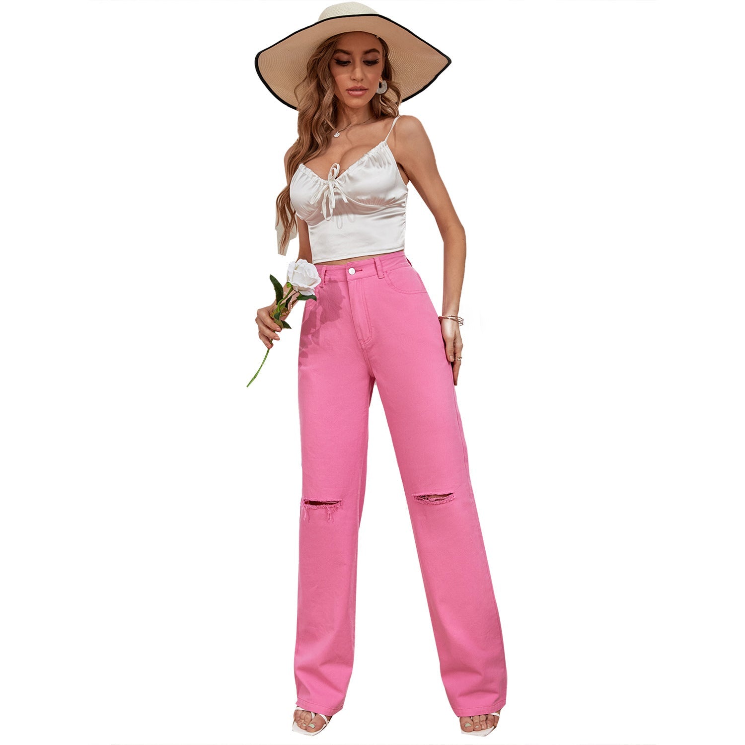 Pantalon en jean droit, décontracté, tendance et déchiré, assorti à tout