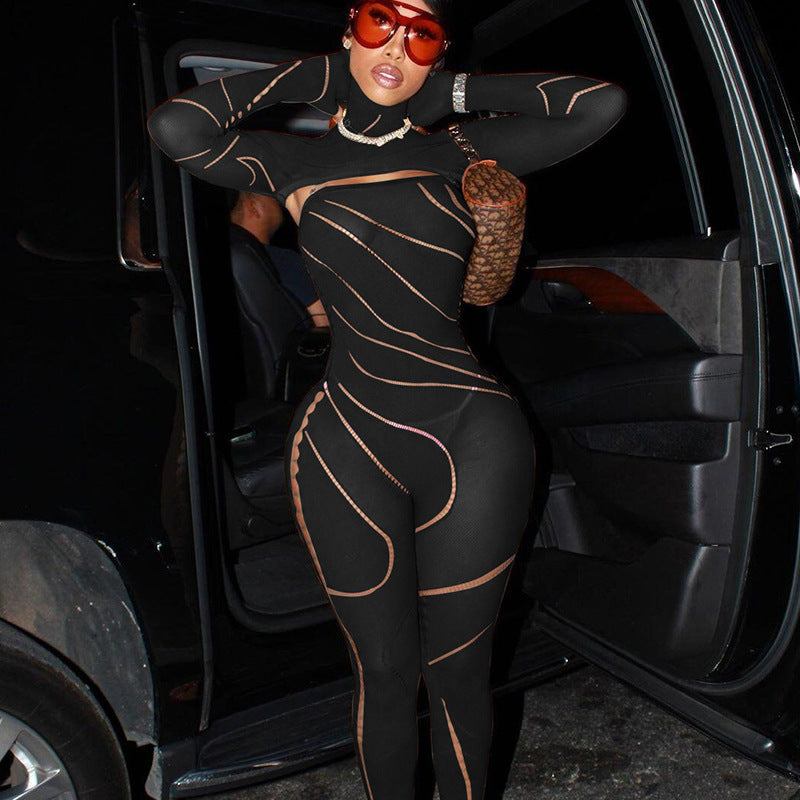 Pantalon une pièce en tricot moulant à taille haute avec capuche transparente et découpes