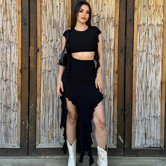 Irregular Asymmetric Wooden Ear Sleeveless Round Neck Pullover Two Piece Suit Skirt