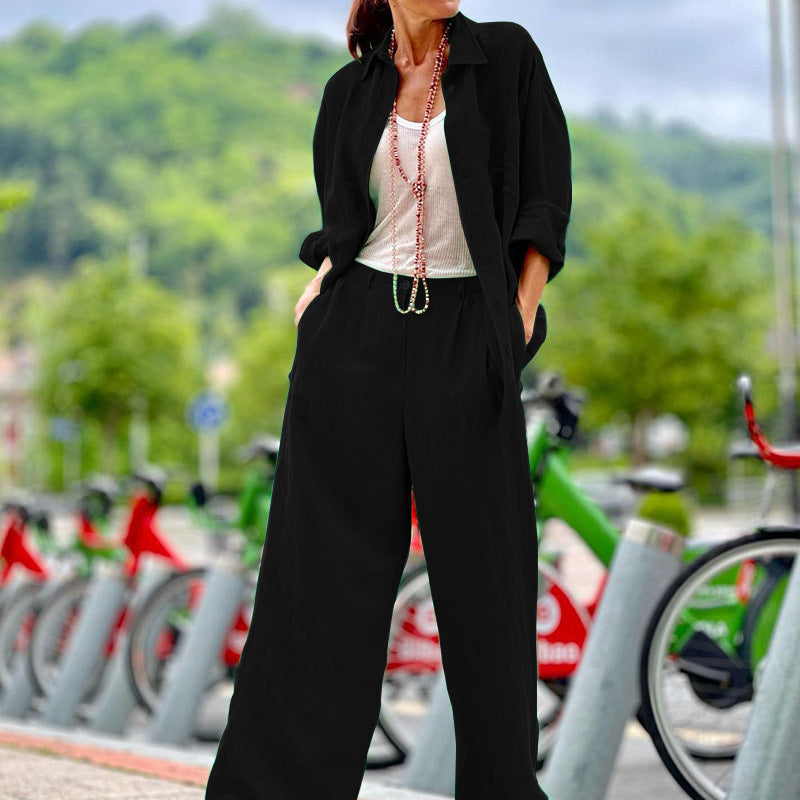 Solid Color Long Sleeve Shirt Trousers Set