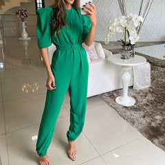 Crew Neck Half Sleeve Solid Color Skinny Jumpsuit