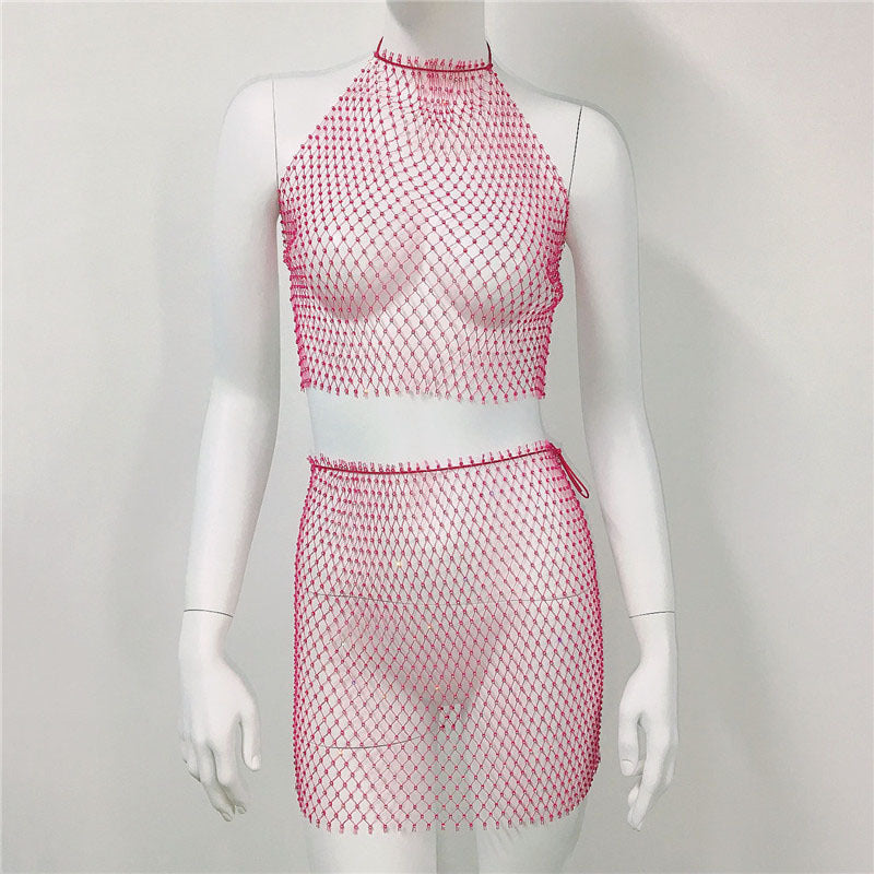 Ensemble jupe de plage en maille avec bretelles en résille et strass