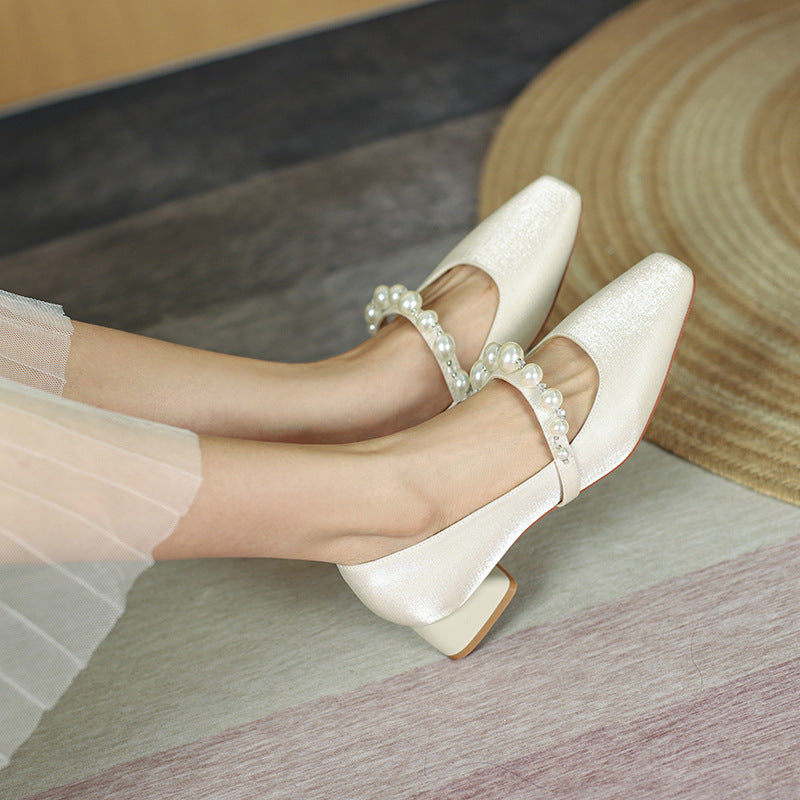 Women's Fu Chunky Pumps Spring Pearls Strap