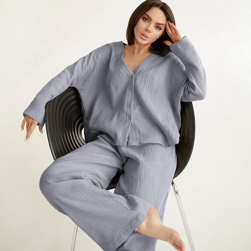 Double Layer Crepe V-neck French Loose Comfortable Long Sleeve Pajamas Cotton Linen Homewear Set
