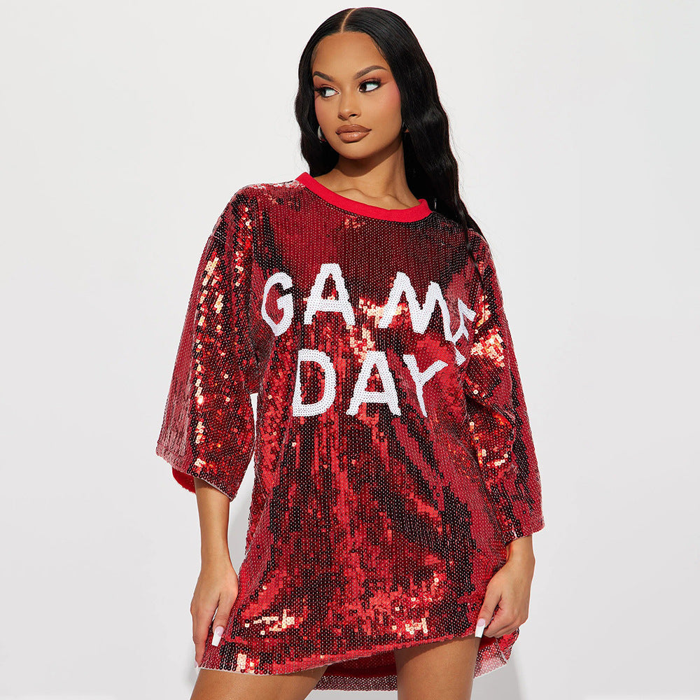 Round Neck Half Sleeved Loose Sequin Printed Dress Party Sequin Model Night Club Graphic