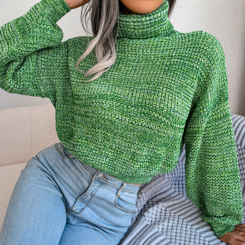 Mixed Color Lantern Long Sleeve Turtleneck Knitting Sweater