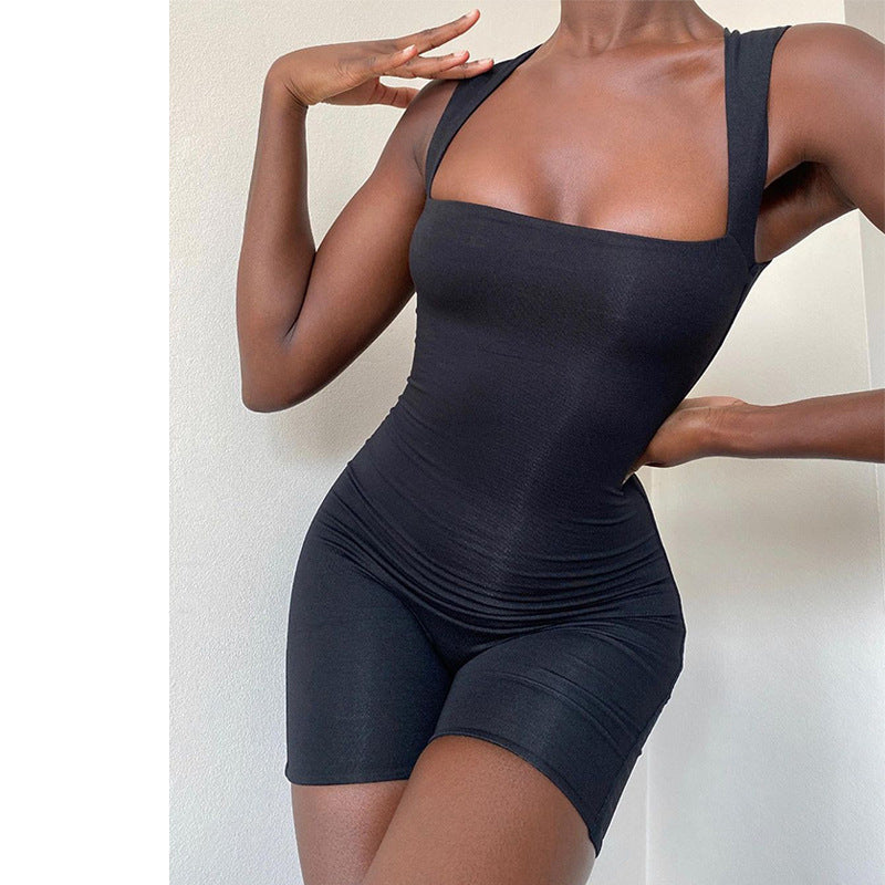 Solid Color High Waist Tight Sports Yoga Jumpsuit Short
