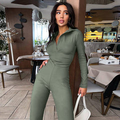 Polo Collar Slimming Long Sleeves Casual Wide Leg Pant Jumpsuit