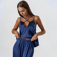 Pyjama en soie artificielle, confortable et frais, bretelles, pantalon, couleur unie, vêtements d'intérieur