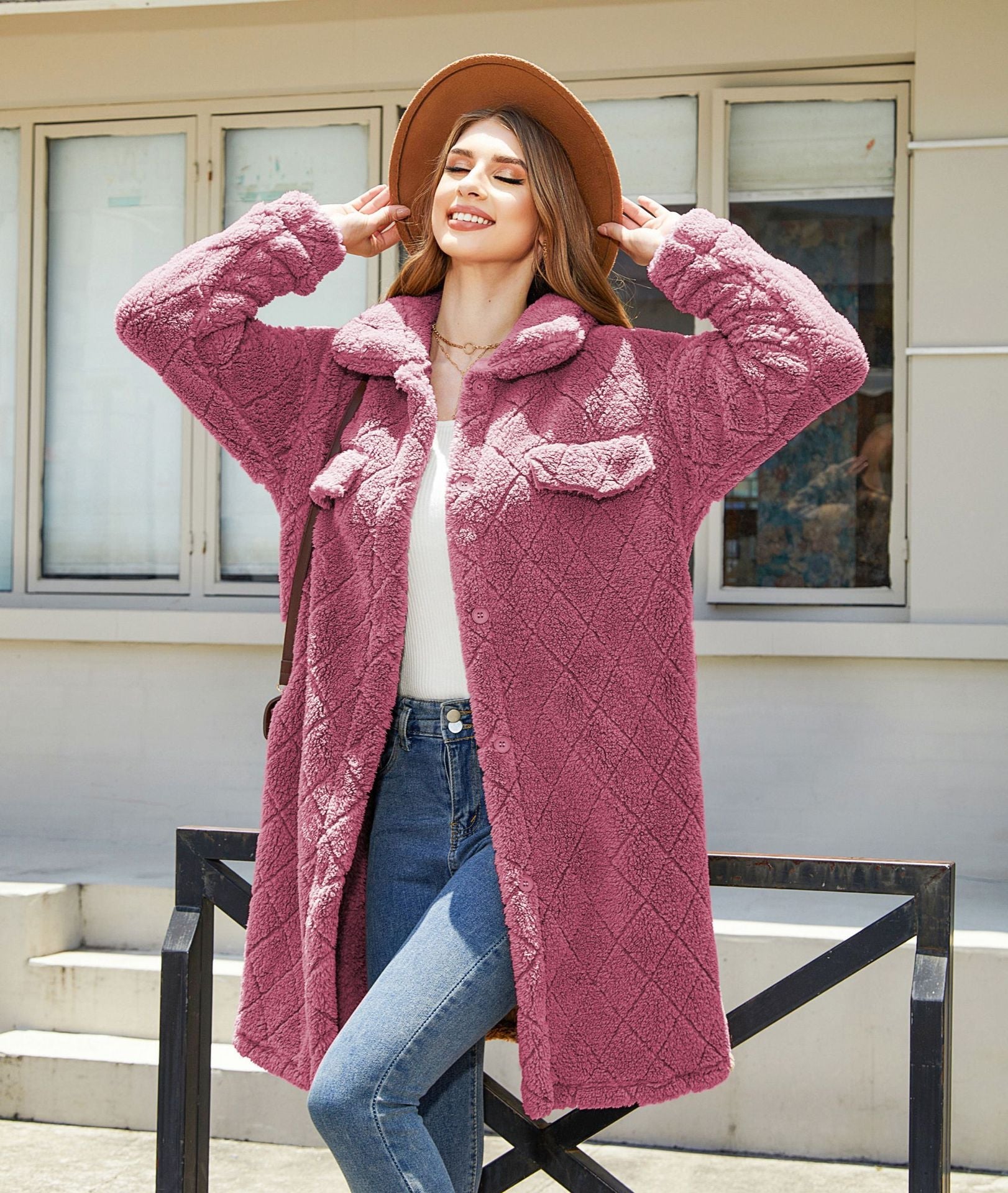 Plush Loose Single Breasted Diamond Coat Overcoat