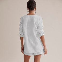 White Long-Sleeved Air Conditioning Room Cotton Crepe Shorts Suit Pajamas Skin-Friendly Homewear