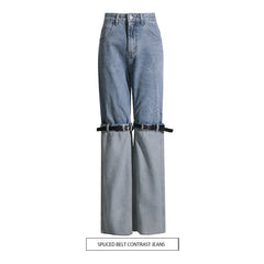 High Slimming Knee Stitching Beltable Contrast Color Jeans Straight Leg Pants Trousers