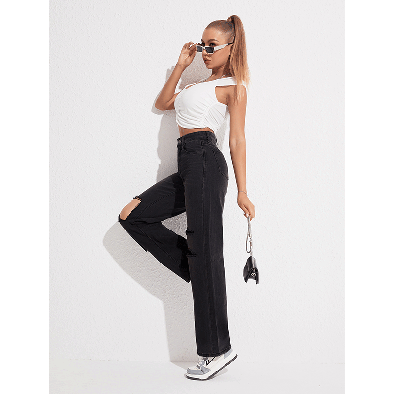 Jeans Schwarz Zerrissene Gerade Freizeithose Street