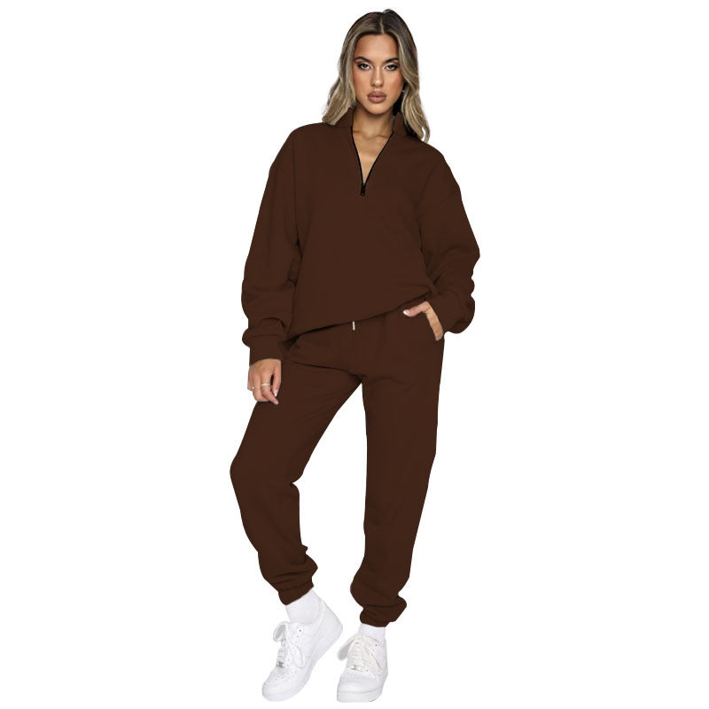 Solid Color StCollar Zipper Pullover Long Sleeve Sweater Two Piece Set Smart Trousers Suit