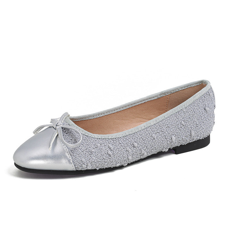 Women's Round Head Lambskin Flat Bowknot Stitching Shallow