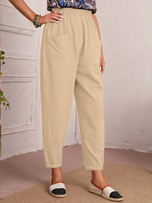 Four Seasons Cotton Linen Cropped Pants Elastic Waist Casual Pants Diagonal Pocket Skinny Pants