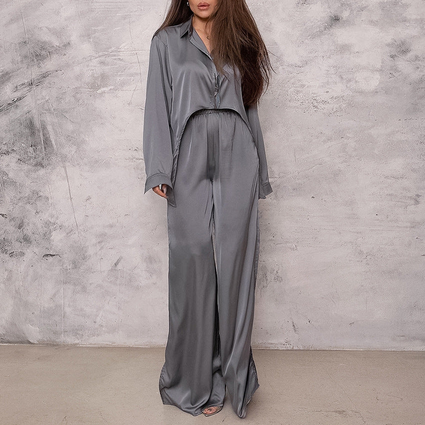 Solid Color Pajamas Outfit Top Trousers Loose Casual Simple Outerwear