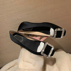 Women's Mom Square Toe Rhinestone Low-cut Buckle Silk