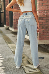 Butterfly Print Light Color Mid Waist Denim Straight Leg Trousers